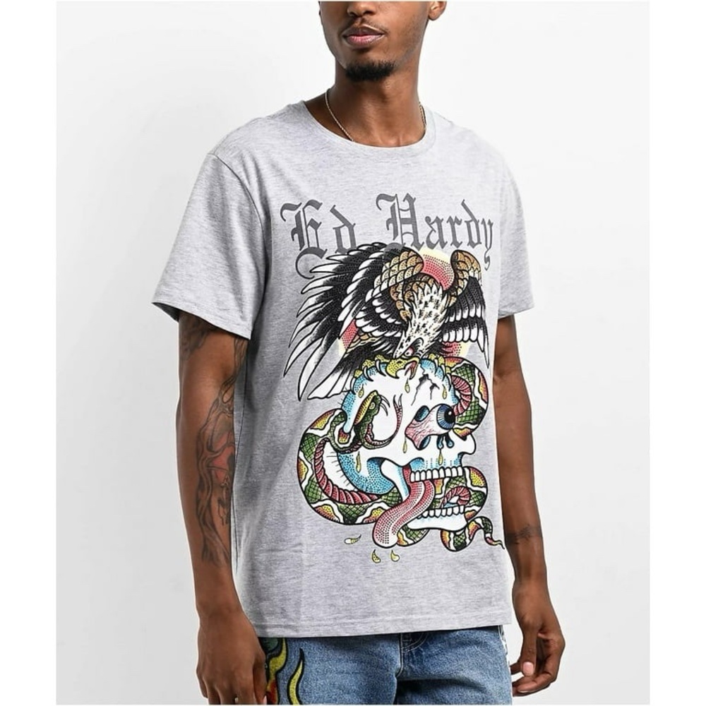 Ed Hardy Men Women Skull Graphic Rhinestones Tee - Gray XL
